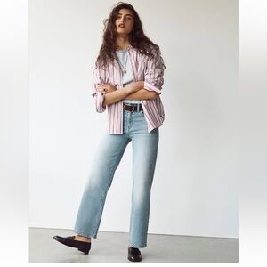 Madewell Light Blue Wide Leg Jeans with Red-Striped Shirt